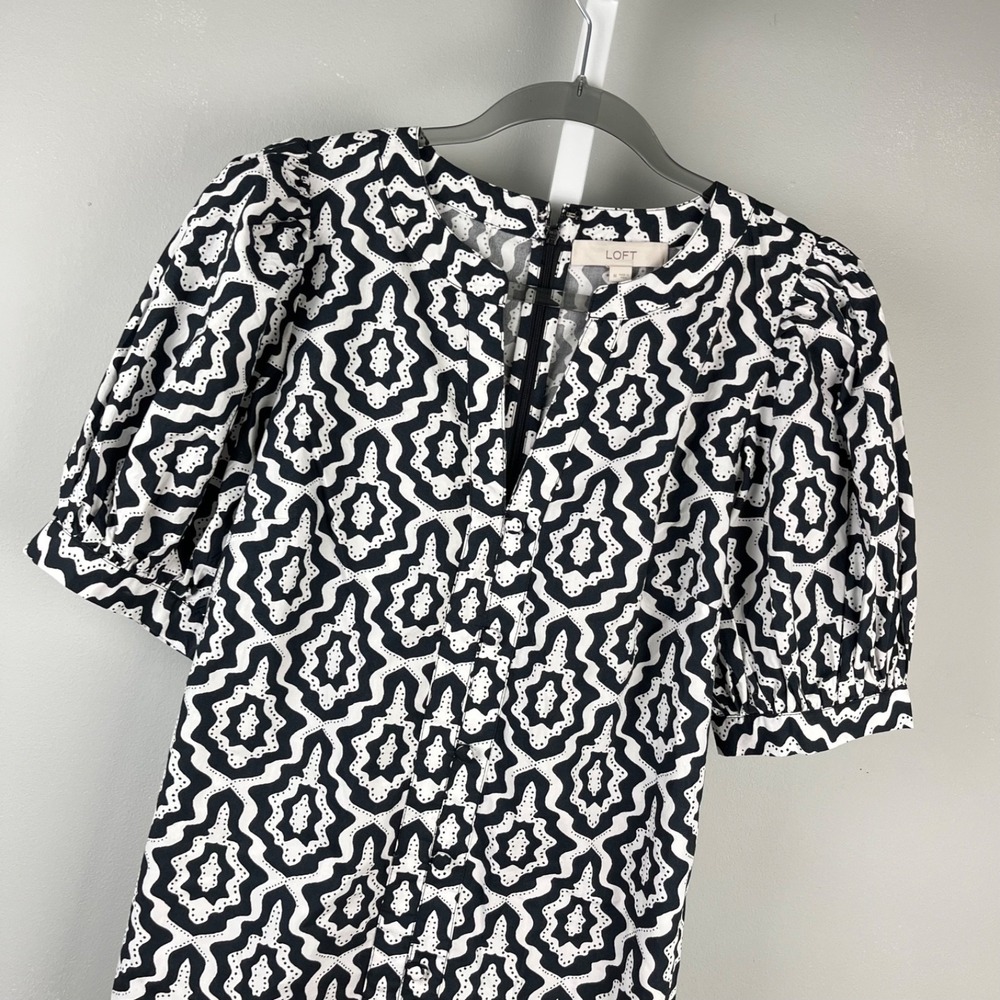 Ann Taylor LOFT Mini Dress Womens M Black White Abstract Puff Sleeve 100% Cotton